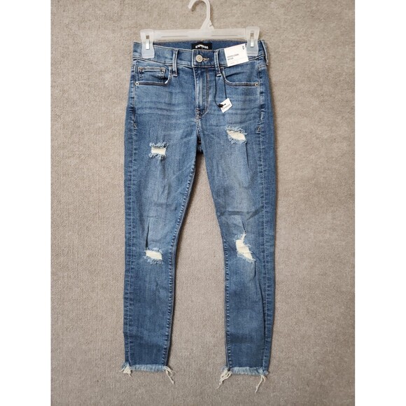 Express Denim - Express Cropped Legging Jeans Womens 0 Blue Raw Hem Distressed Stretch NEW
